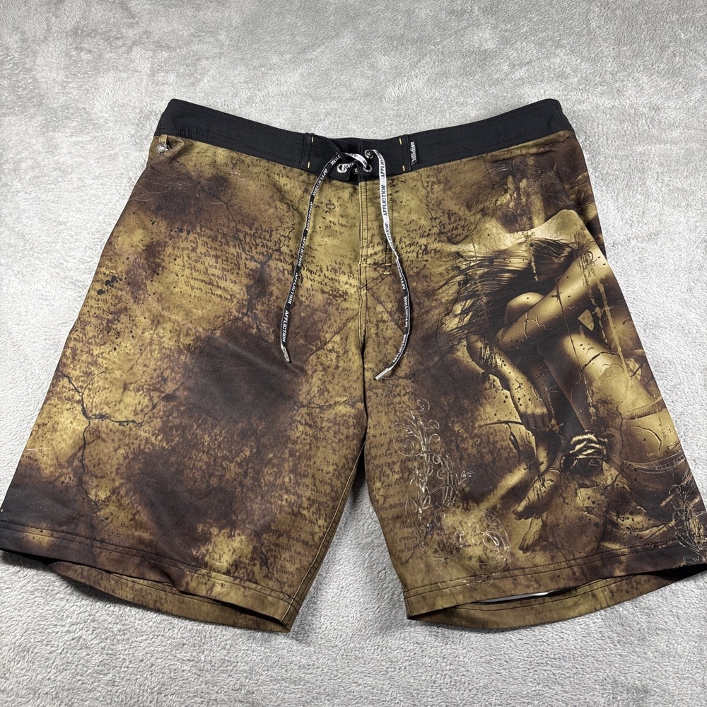 Affliction Board Shorts Green/Black Cross Skull Medallion *READ*